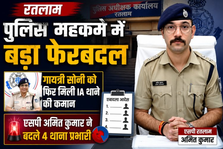 रतलाम पुलिस महकमे में बड़ा फेरबदल: गायत्री सोनी को फिर मिली IA थाने की कमान, एसपी अमित कुमार ने बदले 4 थाना प्रभारी